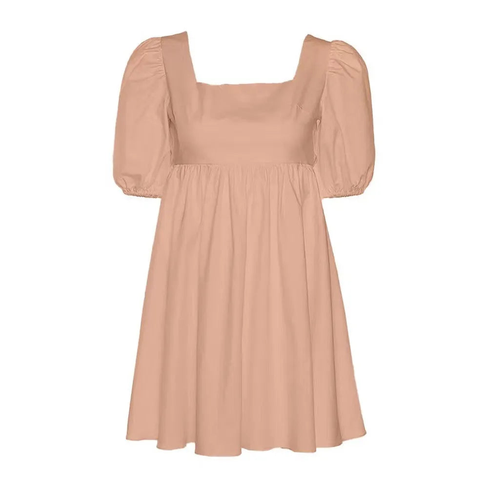 Summer Square Collar Lace-Up Backless Women Puff Sleeve Dress