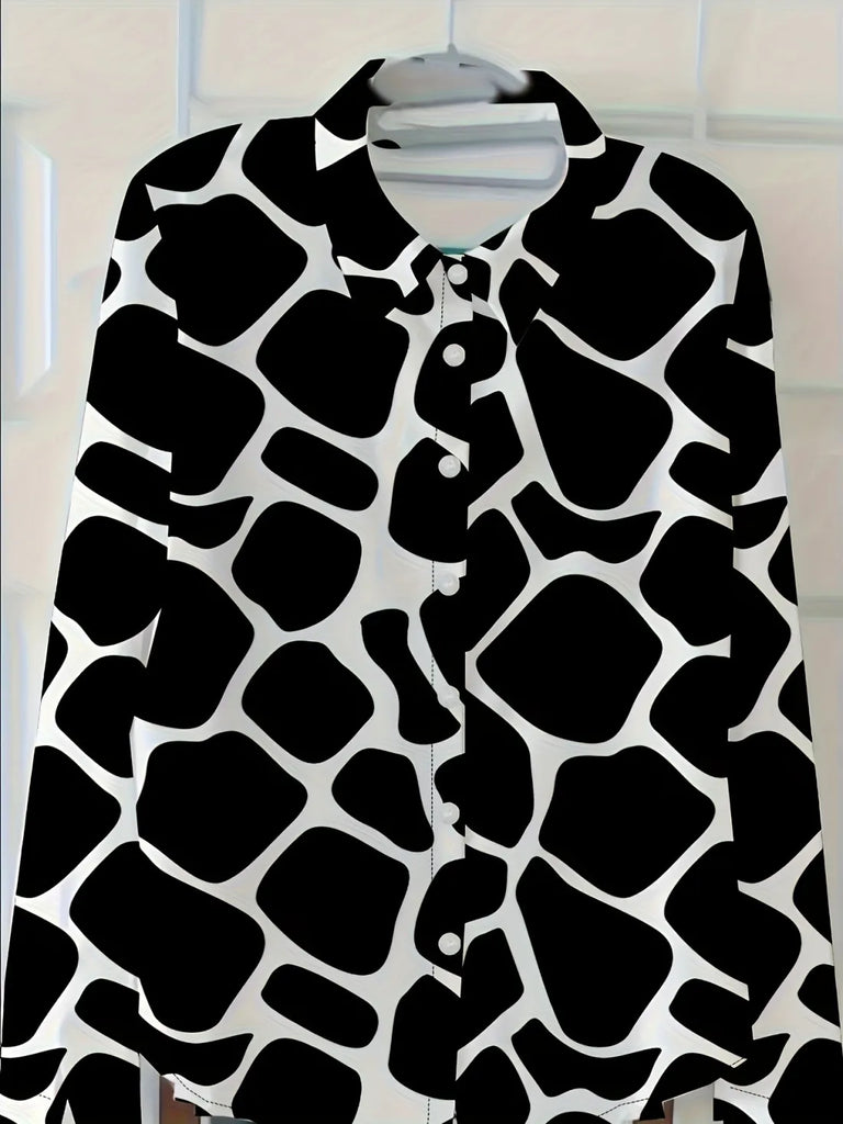 Women Fashion Dragonfly Print Lapel Long Sleeve Shirt