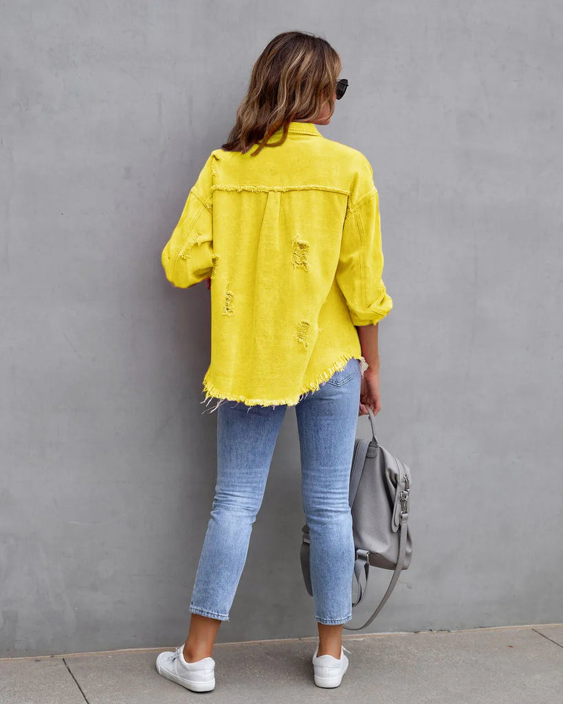 Women Fashion Casual Lapel Ripped Denim Coat Jeans
