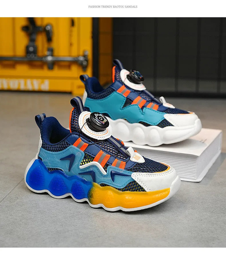 Kids Boys Fashion Casual Mesh Breathable Color Matching Rotating Button High Top Sneakers