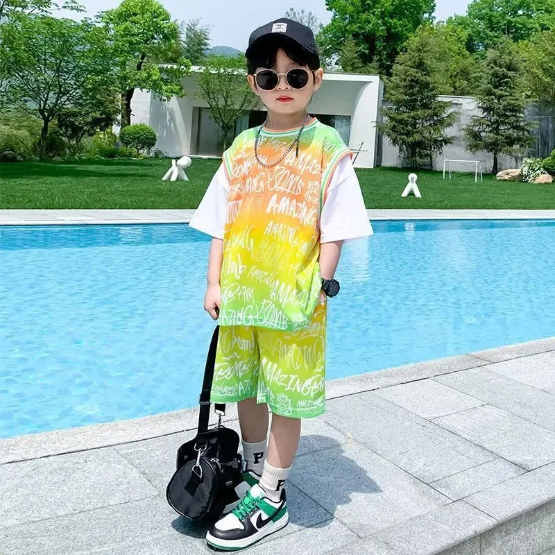 Kids Big Boys Summer Fashion Casual Letter Gradient Round Neck Top Fake Two-Piece Shorts Set