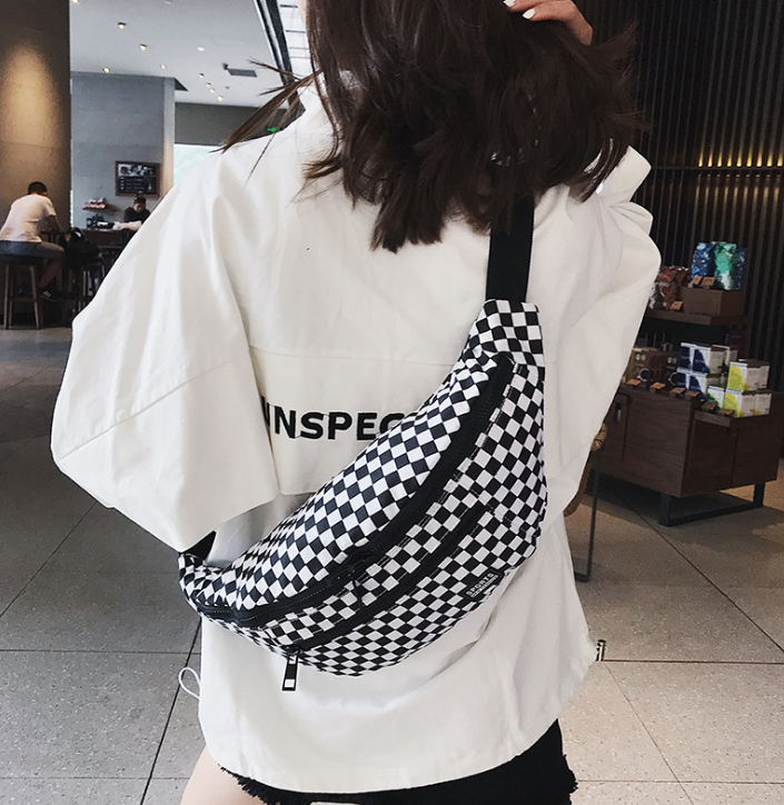 Ulzzang checkerboard ins Harajuku retro port wind street pat bag men and women couple pockets canvas chest bag