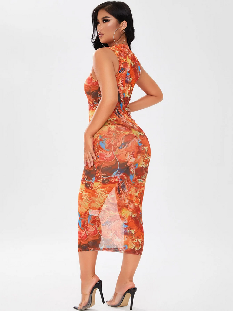 Allover Print Sleeveless Mesh Bodycon Dress