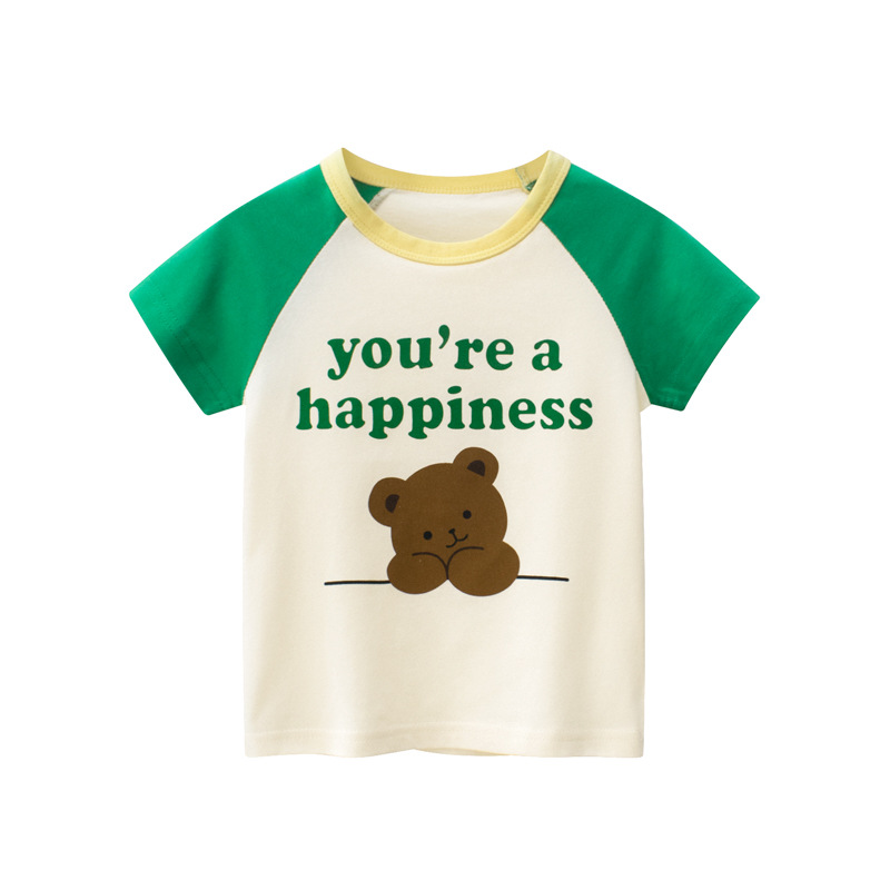 Kids Cute Cartoon Bear Pattern Round Neck Short Sleeve Basic T-Shirt