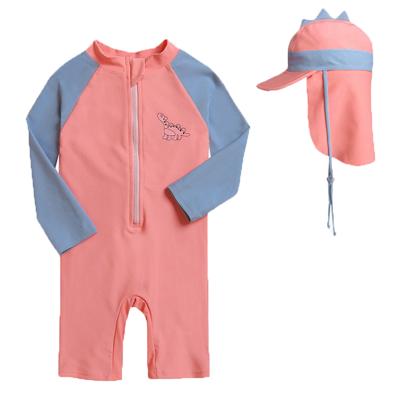 Kids Cute Cartoon Dinosaur Long Sleeve Swimwear With Cap