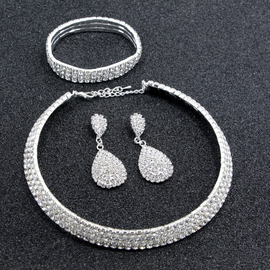 Women Wedding Bridal Row Full Rhinestone Necklace Bracelet Earrings Three-Piece Set
