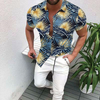 Men Fashion Colorblock 3d Print Lapel Short Sleeve Slim Shirt