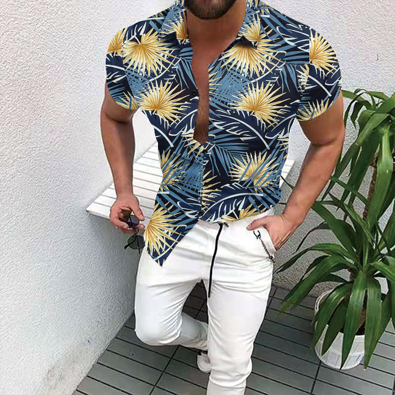 Men Fashion Colorblock 3d Print Lapel Short Sleeve Slim Shirt