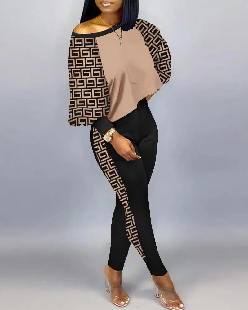Women Fashion Casual Graphic Print Loose Top And Skinny Pants Set