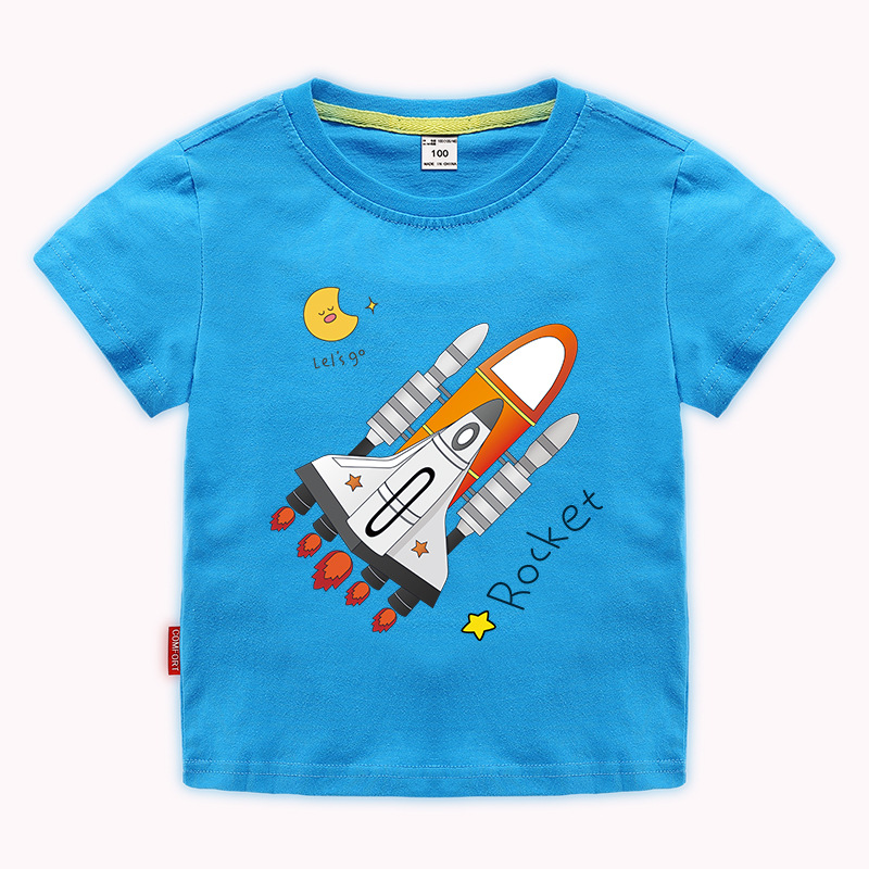 Boys Basic Round Neck Short Sleeve Cartoon Rocket Pattern T-Shirt