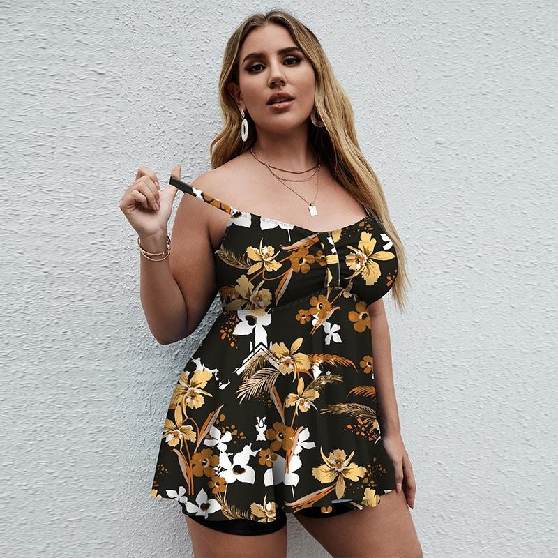 Women Plus Size Vacation Floral Printed Split Boxer Swimsuit
