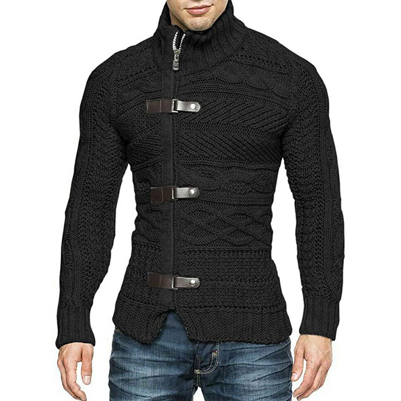 Men Fashion Leather Button Long Sleeve Knitted Cardigan