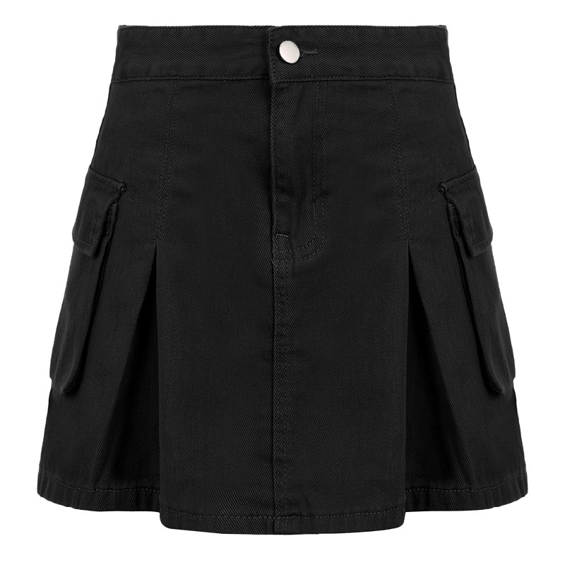Women Denim Solid Color High Waist Pocket Pleated Skirt