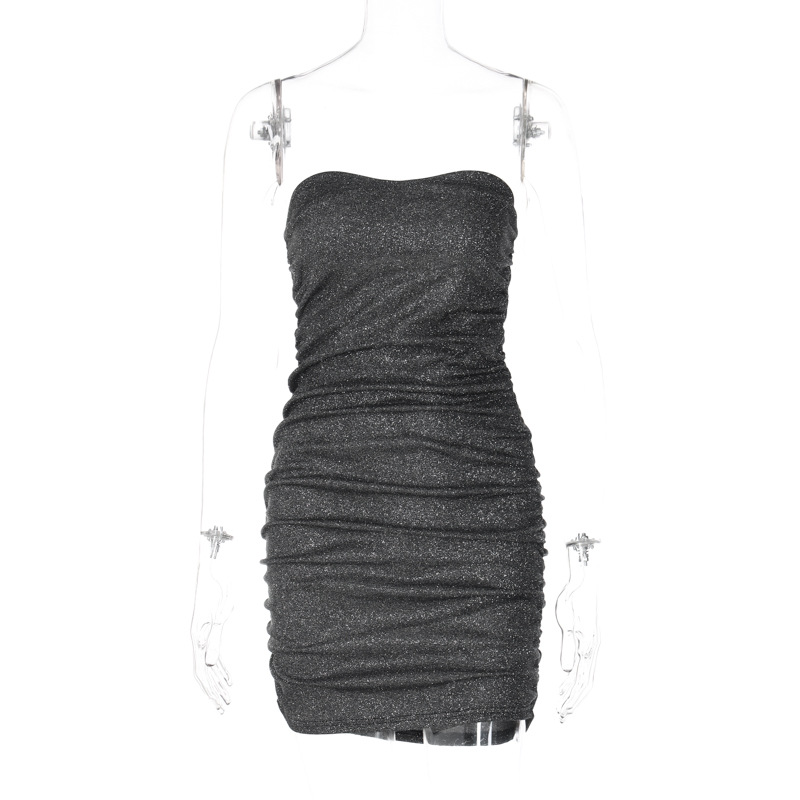 Women'S Sexy V-Neck Strapless Backless Pleated Tube Dress