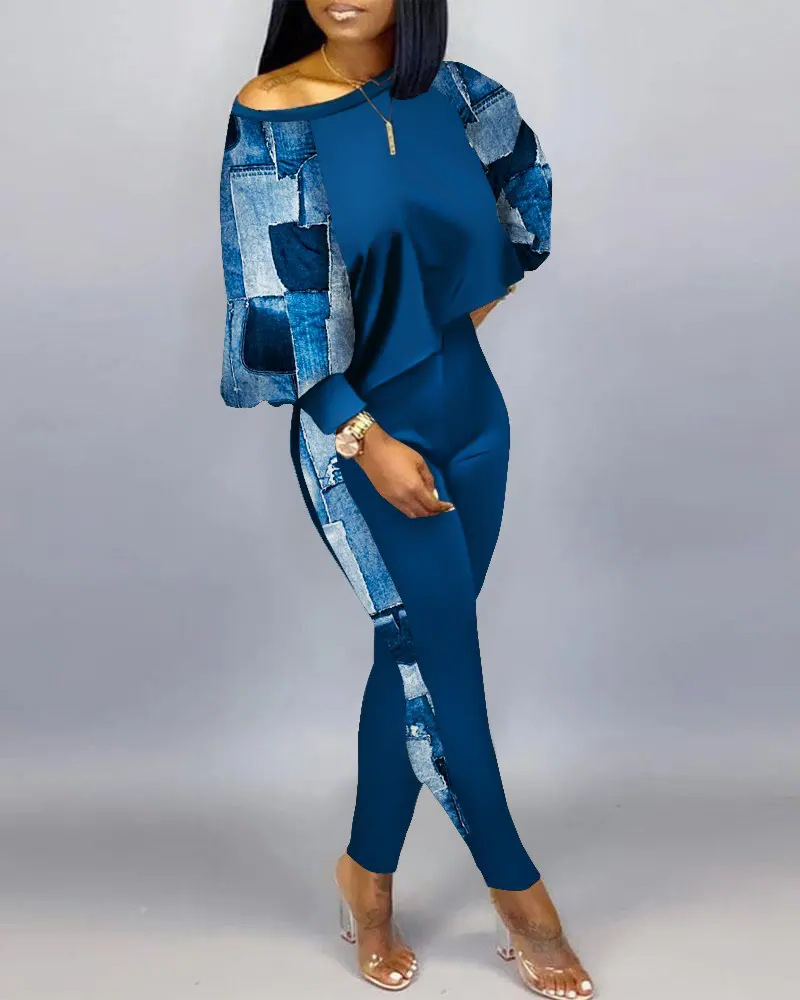 Women Fashion Casual Graphic Print Loose Top And Skinny Pants Set