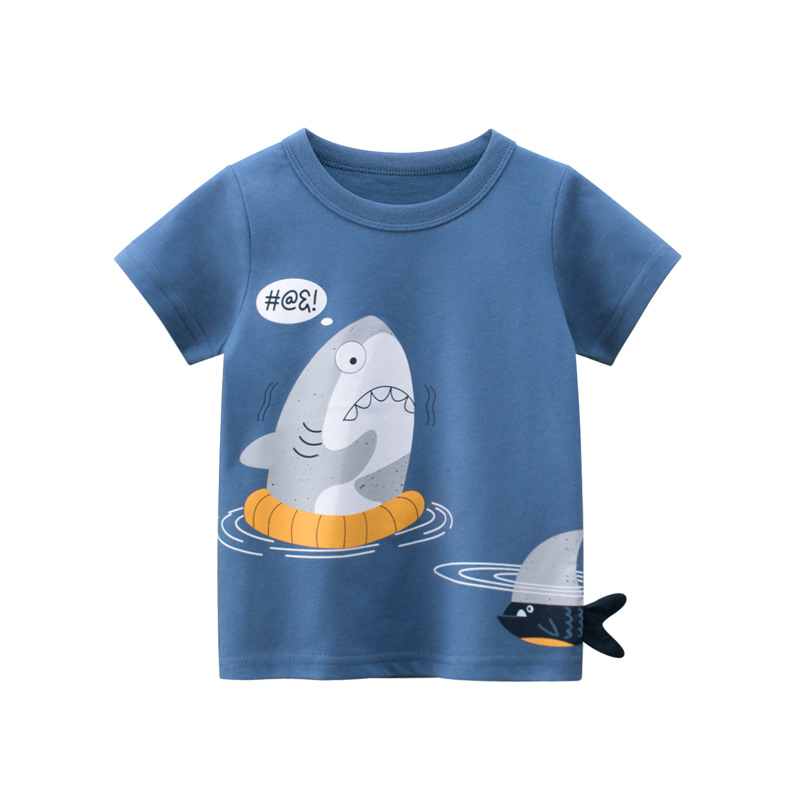 Boys Basic Cartoon Shark Letter Round Neck Short-Sleeved T-Shirt
