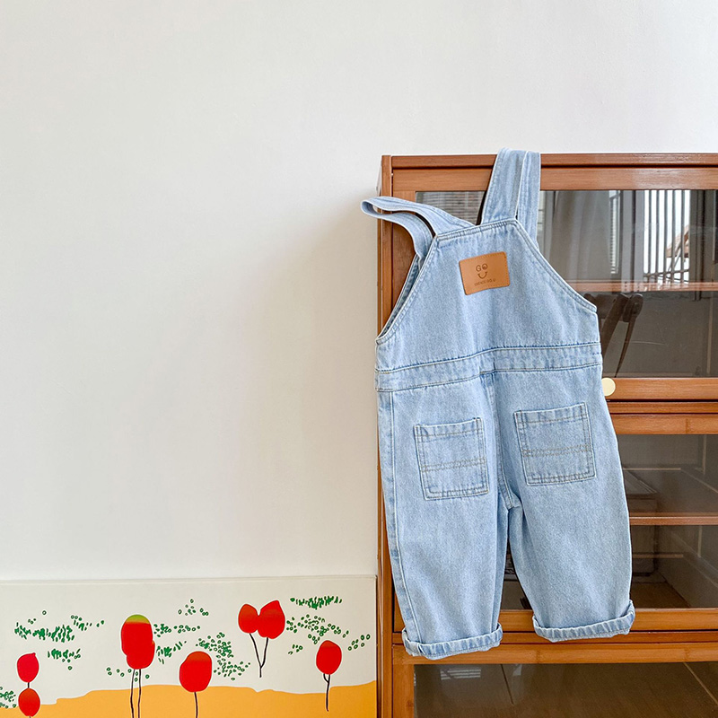 Kids Casual Front Pocket Solid Color Denim Suspender Trousers