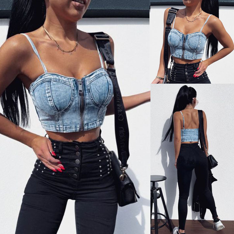 Women Casual Summer Sexy Zipper Crop Denim Camis Top