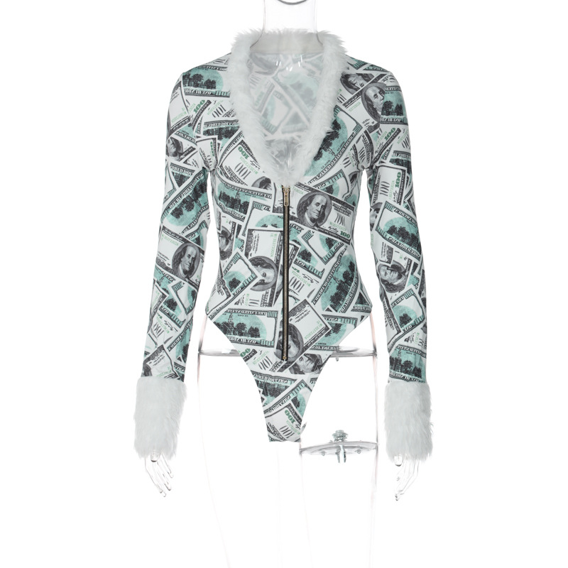 Women Autumn Plush Sexy Deep V Printed Long Sleeve Slim Bodysuit