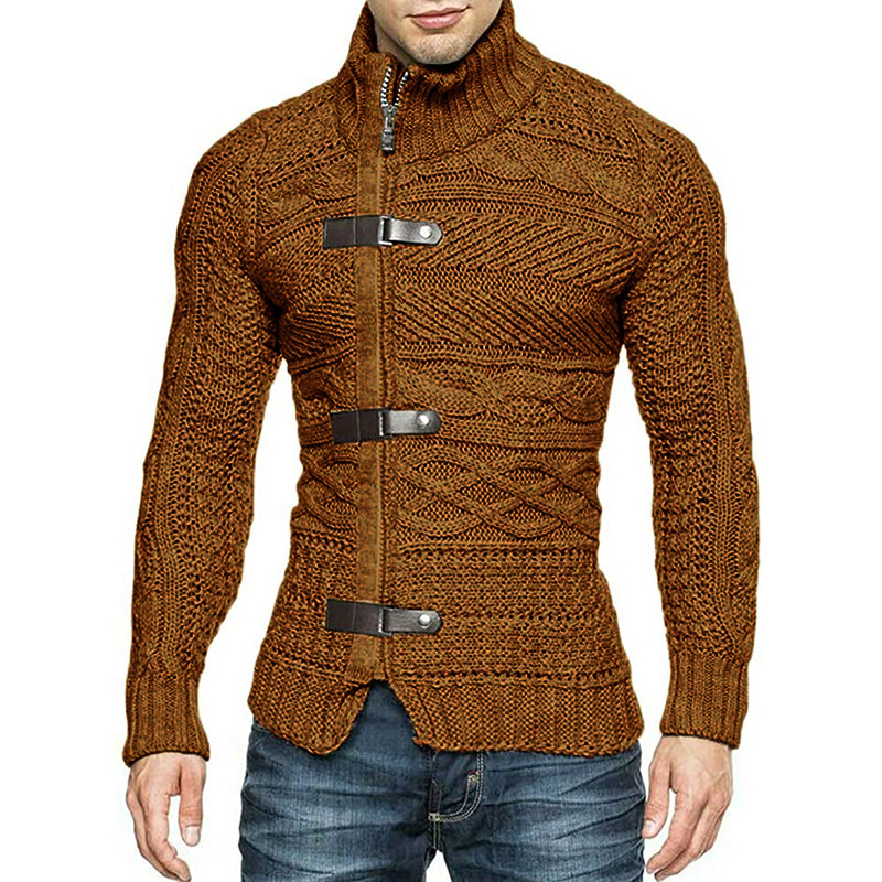 Men Fashion Leather Button Long Sleeve Knitted Cardigan