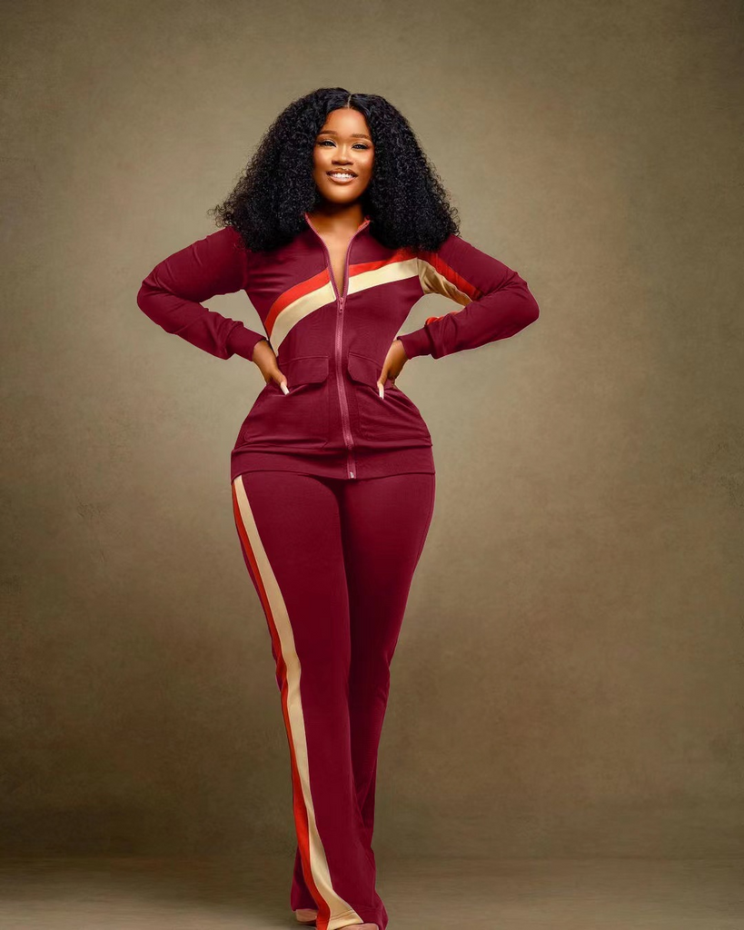 Women Printed Long Sleeve Zipper Stand Collar Top And Pants Casual Two-Piece Set