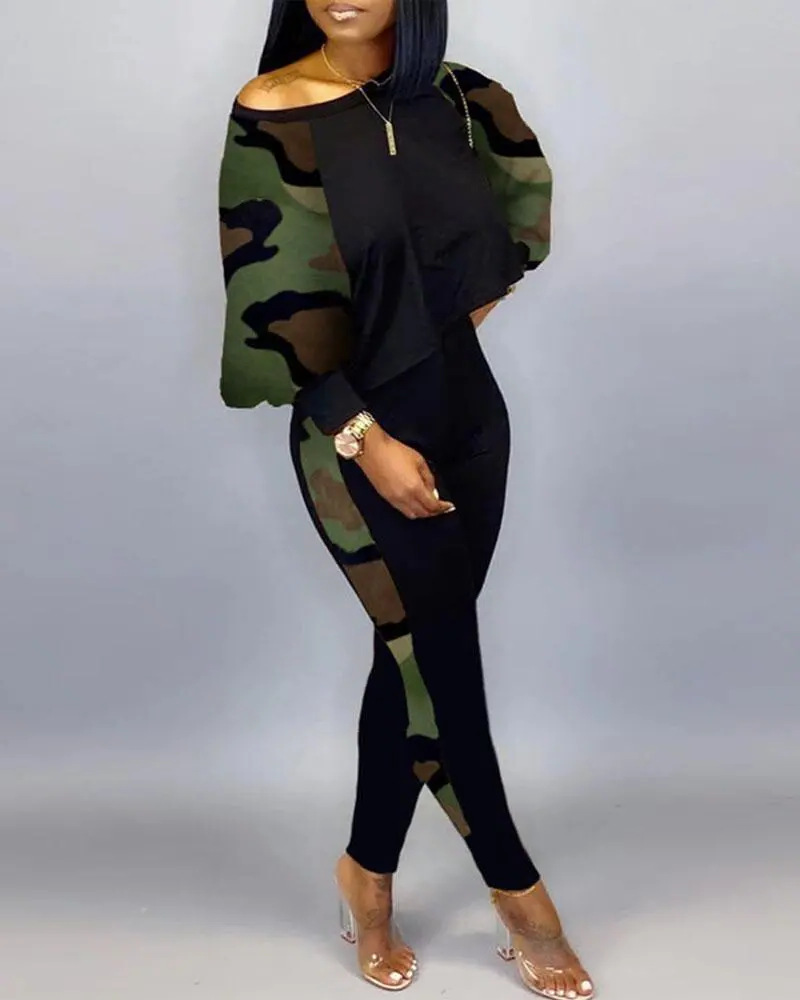 Women Fashion Casual Graphic Print Loose Top And Skinny Pants Set