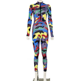 Women Sexy Defined Waist Camouflage Print Zipper Sports Jumpsuits