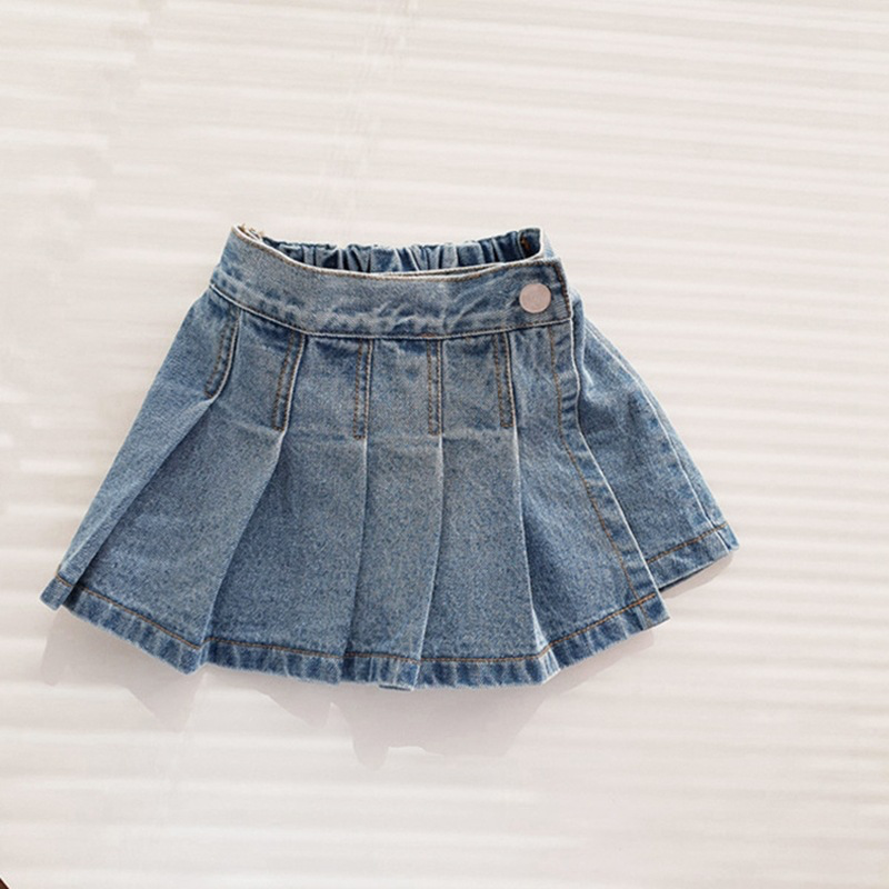 Kids Girls Sweet Solid Color Elastic Denim Pleated Skirt