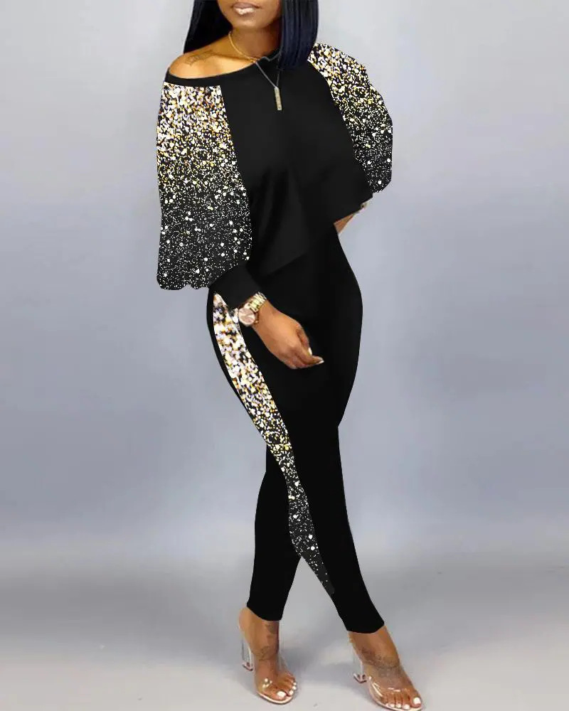 Women Fashion Casual Graphic Print Loose Top And Skinny Pants Set