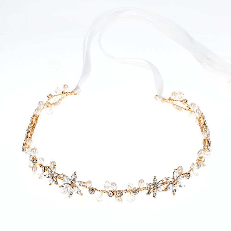 Women Rhinestone Flower Decoration Ribbon Hairband
