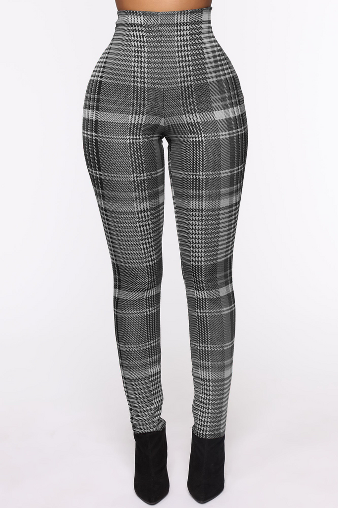 Women Casual Plaid Pattern High Waist Skinny Pants