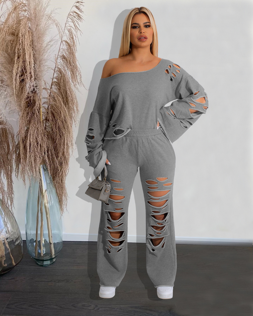 Women Solid Color Loose Long Sleeve Ripped Top And High Waist Wide Leg Pants Two-Piece Set
