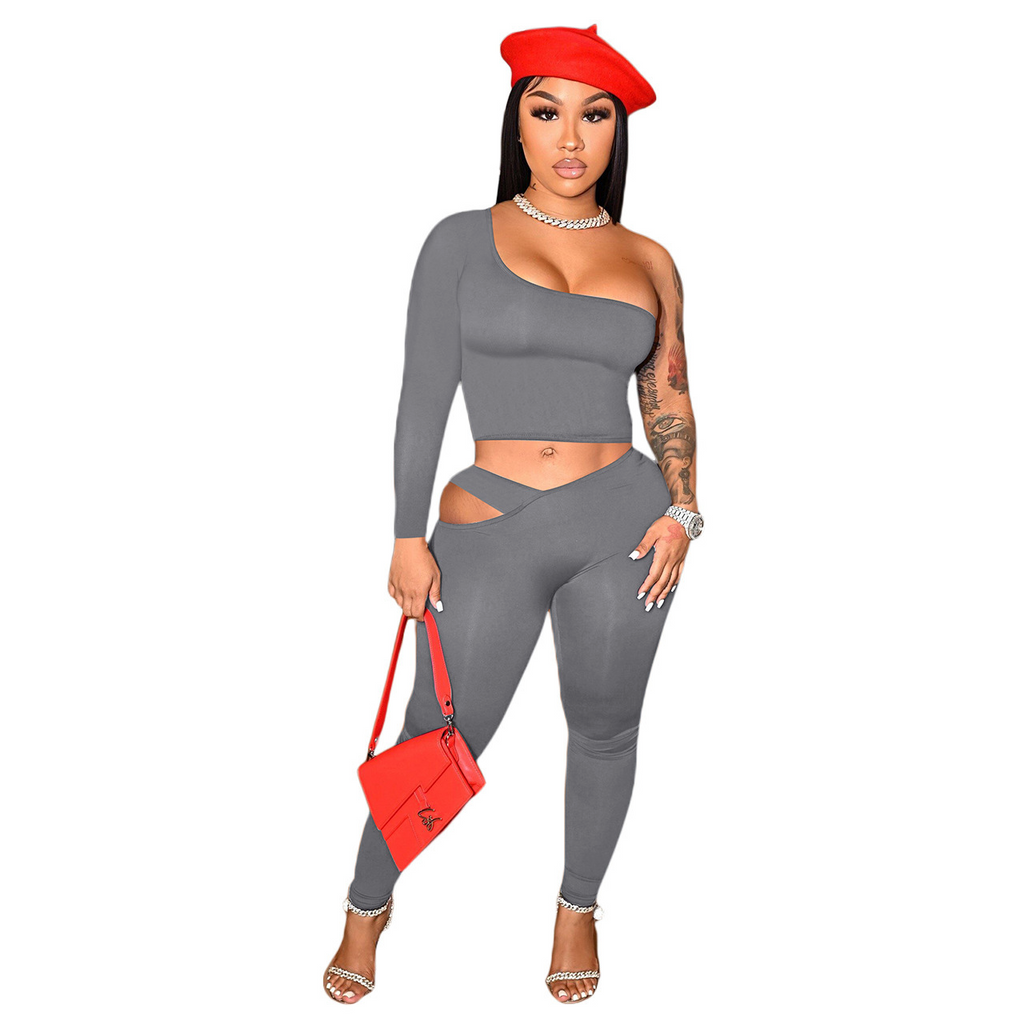 Women Solid Color One Shoulder Top And Cutout Pants Fashionable Casual Two-Piece Set