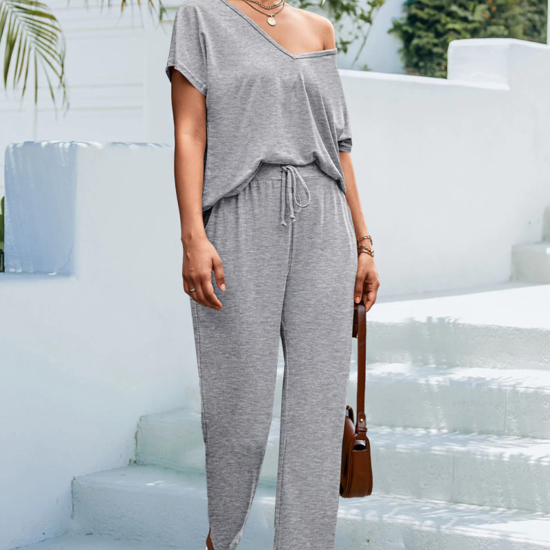 Summer Solid Color Casual V-Neck Short-Sleeved Sports Top And Pants 2pcs/Sets