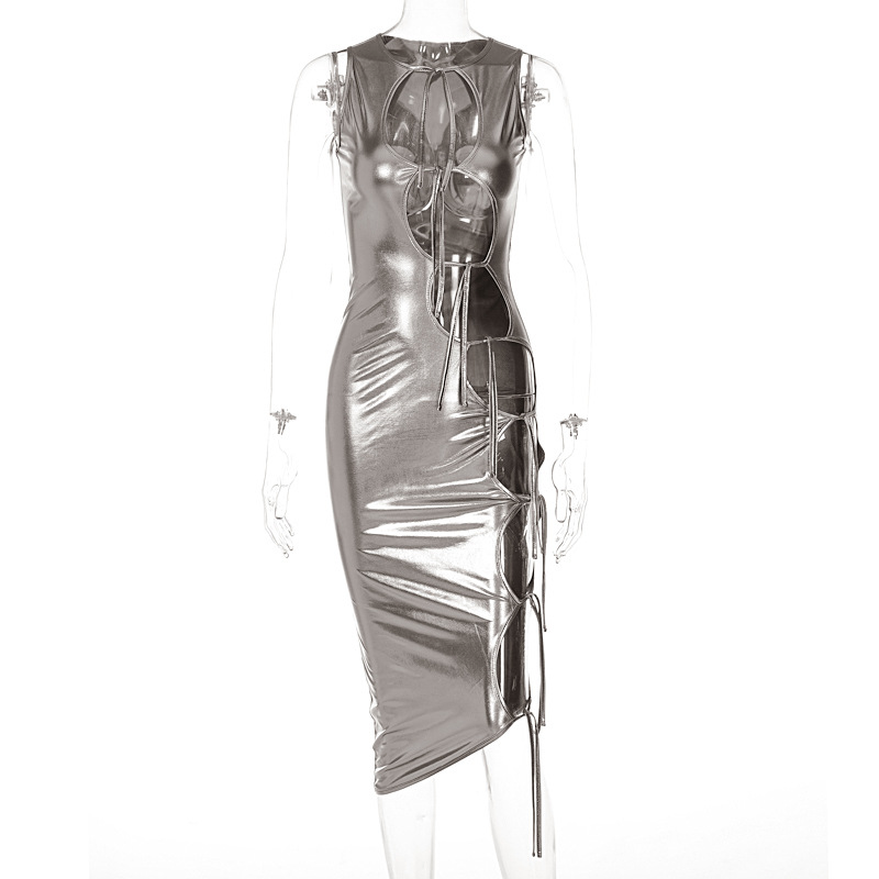 Women'S Sexy Hollow Tie Solid Color Sleeveless Dress