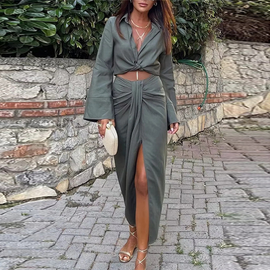 Women Sexy Fashion Elegant Solid Color Long Sleeves Knotted Blouse Skirt Casual Two-Piece Set