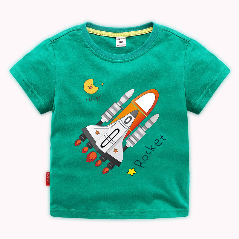 Boys Basic Round Neck Short Sleeve Cartoon Rocket Pattern T-Shirt