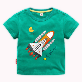 Boys Basic Round Neck Short Sleeve Cartoon Rocket Pattern T-Shirt