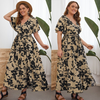 Women Plus Size Casual Floral Print V Neck Short Sleeve Loose Maxi Dress