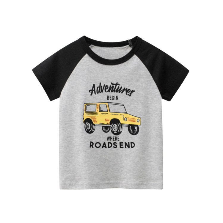 Boys Basic Round Neck Short-Sleeved Cartoon Truck Letter Pattern T-Shirt
