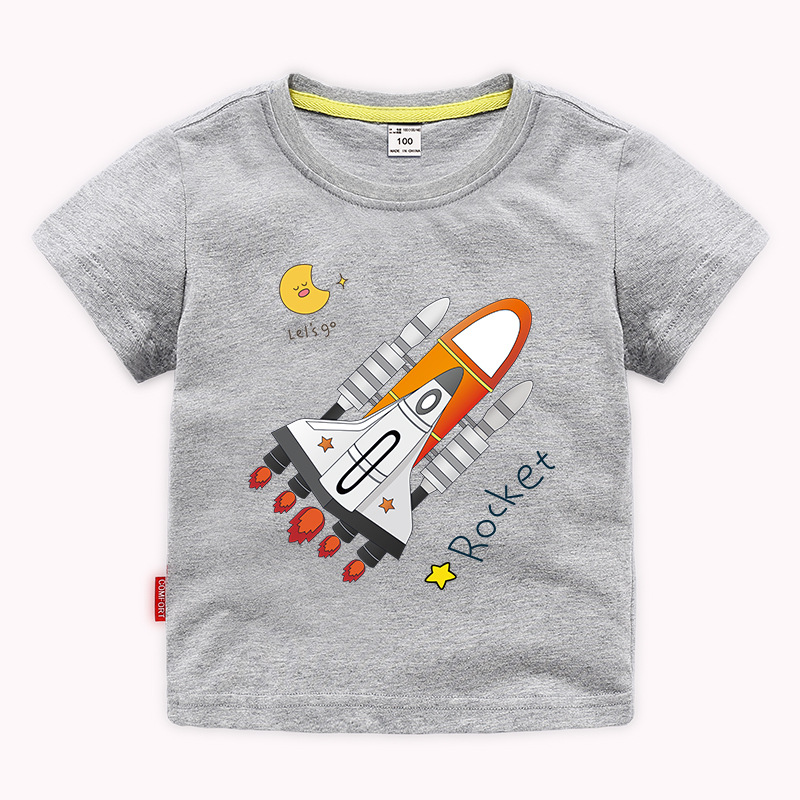 Boys Basic Round Neck Short Sleeve Cartoon Rocket Pattern T-Shirt