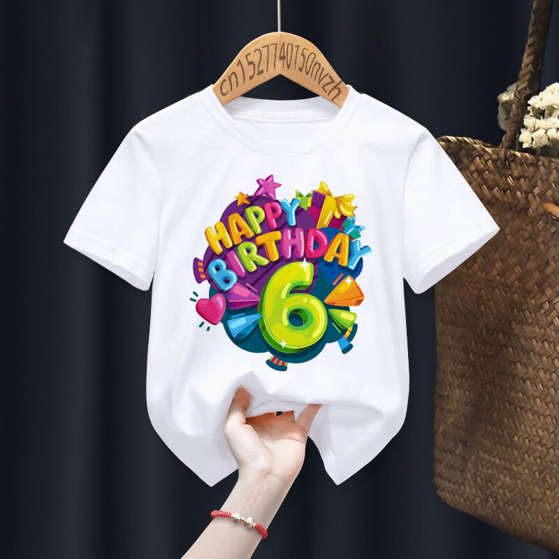 Happy Birthday Kids Basic Round Neck Short Sleeve Letter Figure Pattern Casual T-Shirt