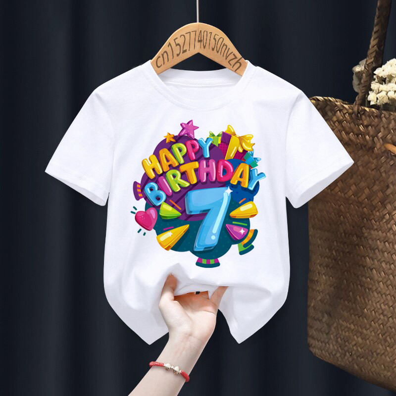 Happy Birthday Kids Basic Round Neck Short Sleeve Letter Figure Pattern Casual T-Shirt