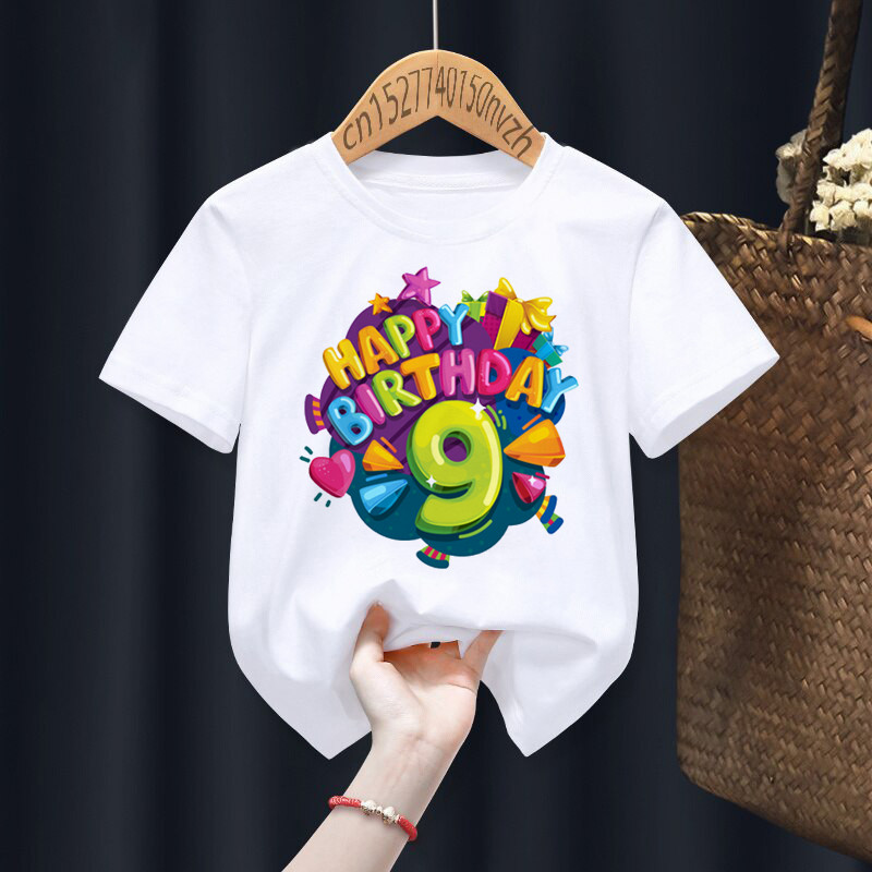 Happy Birthday Kids Basic Round Neck Short Sleeve Letter Figure Pattern Casual T-Shirt