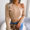 Women Edgy Solid Color Irregular Oblique Shoulder Long Sleeve Crop Knitted Sweater