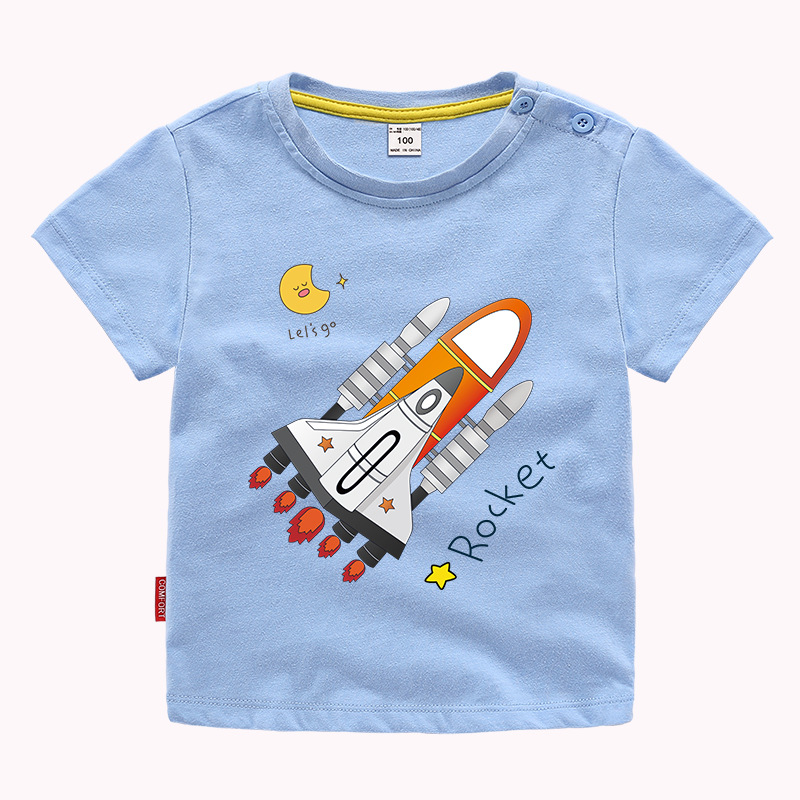 Boys Basic Round Neck Short Sleeve Cartoon Rocket Pattern T-Shirt