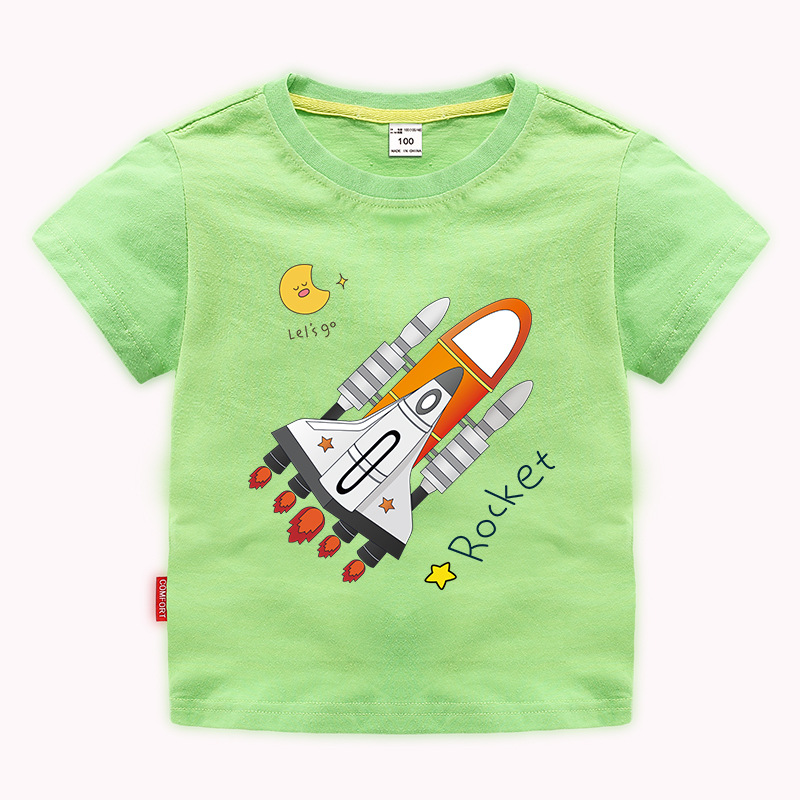 Boys Basic Round Neck Short Sleeve Cartoon Rocket Pattern T-Shirt
