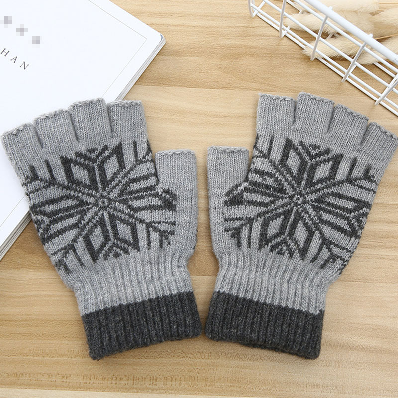Men Winter Snowflake Pattern Warm Fingerless Knit Gloves
