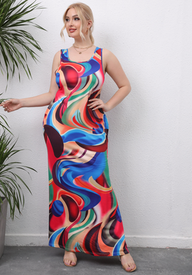 Plus Size Women'S Irregular Mix Color Graphic Printing Casual Maxi Dress