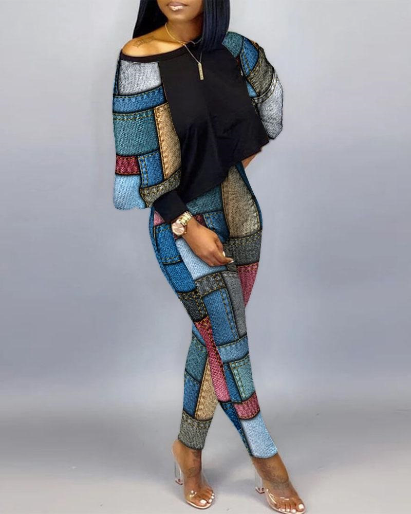 Women Fashion Casual Graphic Print Loose Top And Skinny Pants Set